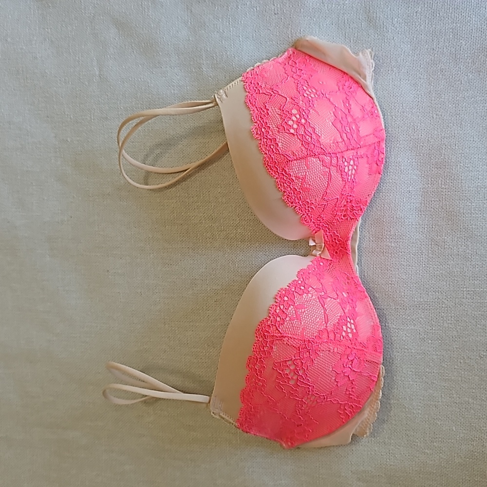 Victoria’s Secret Padded Demi Lace Dentelle Neon & Light Blush Pink Bra 32C